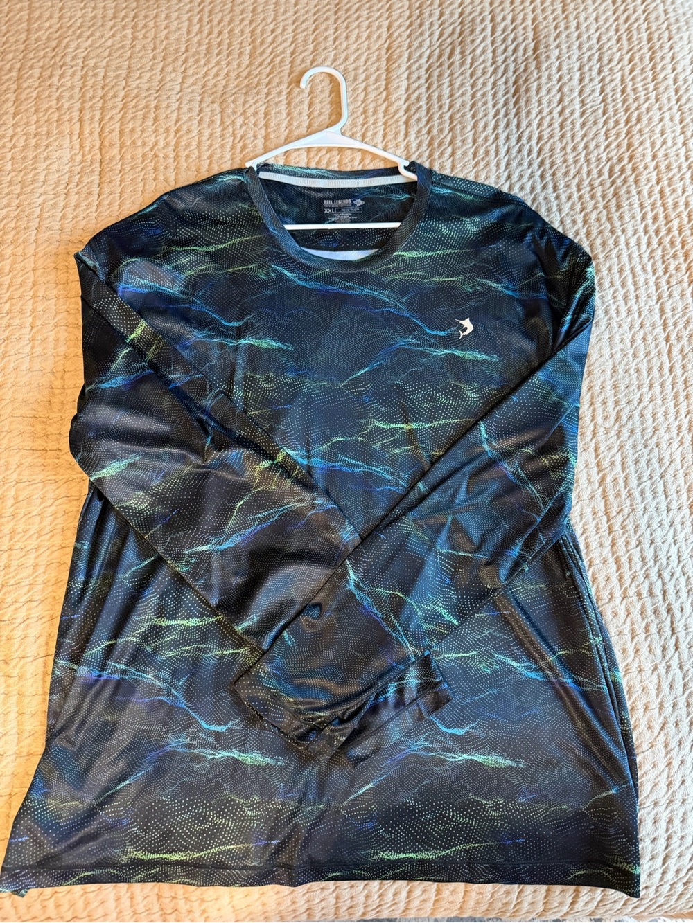 Reel Legends Black Athletic Shirt with Blue & Green Wave Print